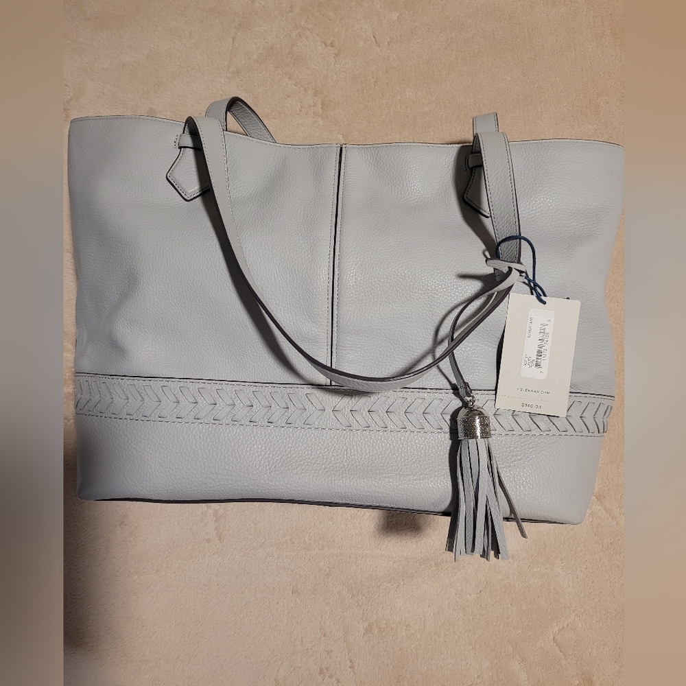 Cole Haan Light Gray Leather Tote with Tassel